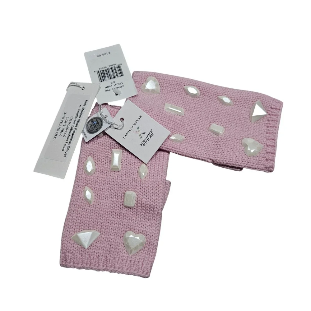 Carolyn Rowan Fingerless Gloves Kids OS Pink Merino Wool Pearl Swarovski Crystal